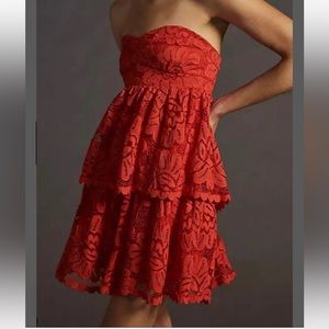 Anthro Maeve Orange Red Strapless Lace Mini Dress, Size Small